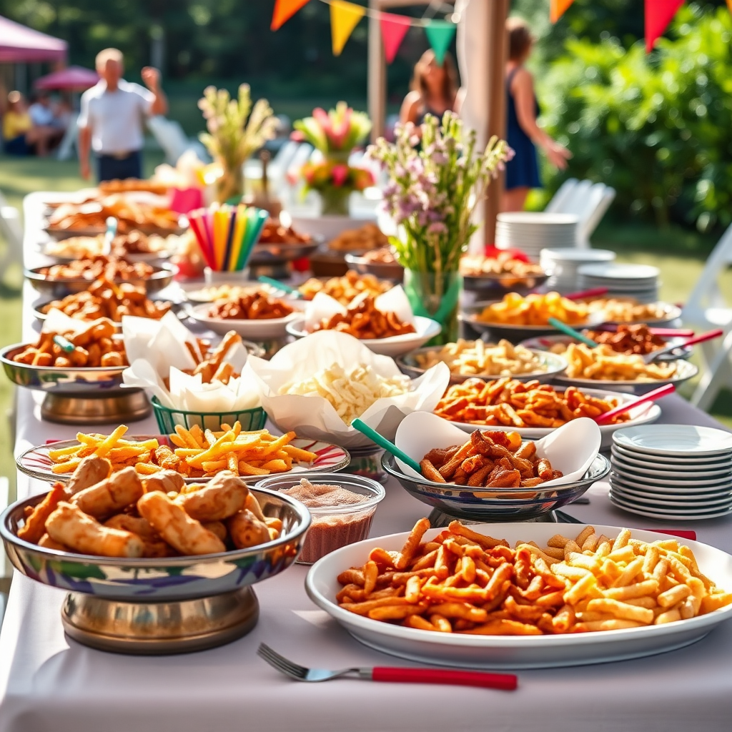 A beautifully arranged catering display featuring Smitty's signature comfort foods set up at a festive outdoor event. The table is adorned with vibrant dishes, colorful utensils, and cheerful decor. Natural light bathes the scene, creating a festive and inviting atmosphere, perfect for showcasing the joy of sharing our food with loved ones.
