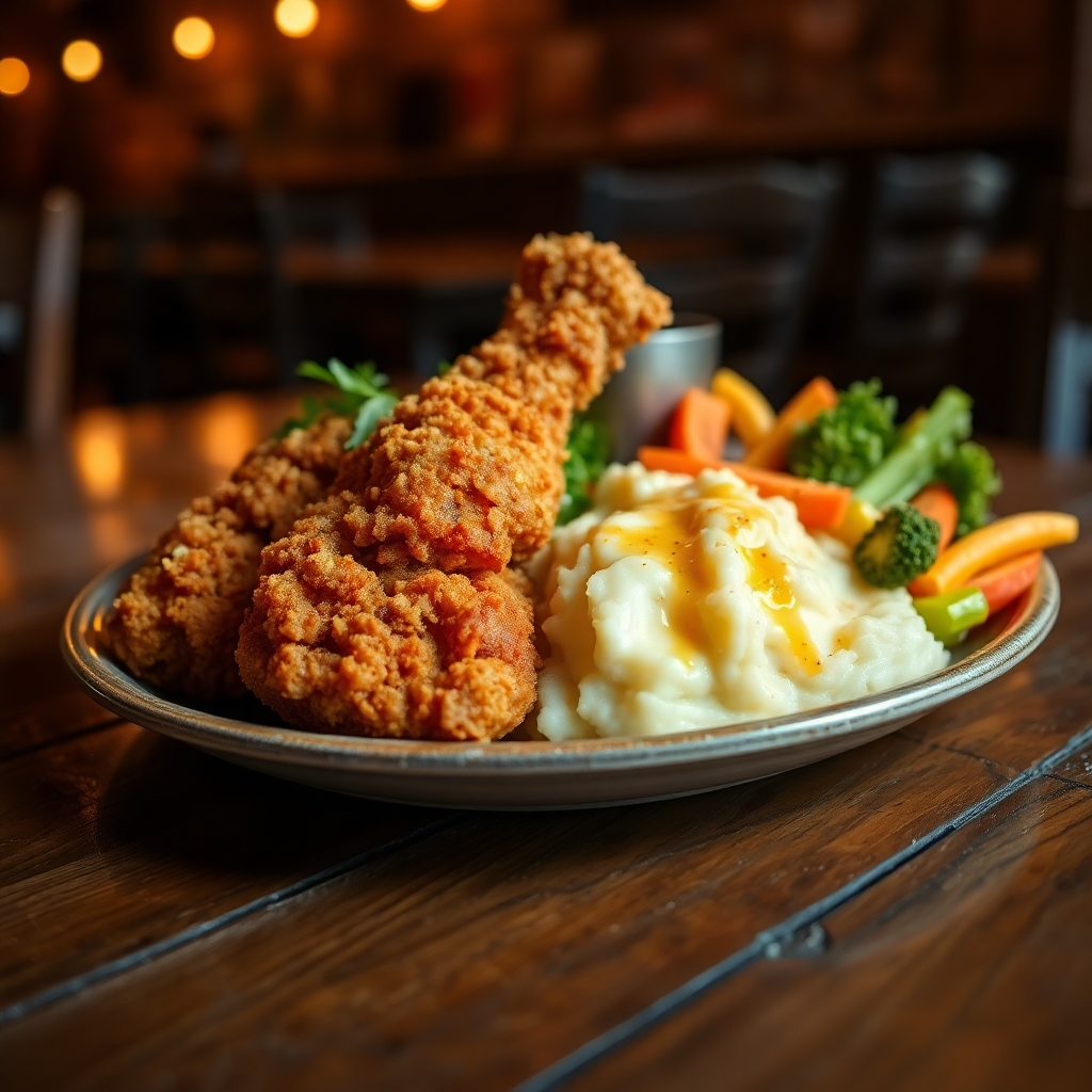 An inviting image of a dining table set at Smitty's, featuring a variety of comfort food dishes like homemade meatloaf, mashed potatoes, and seasonal vegetables. The warm lighting creates a cozy ambiance, highlighting the rich colors of each dish. The table is adorned with simple yet charming tableware, surrounded by family-style seating that emphasizes togetherness. The background captures glimpses of the restaurant's rustic decor.