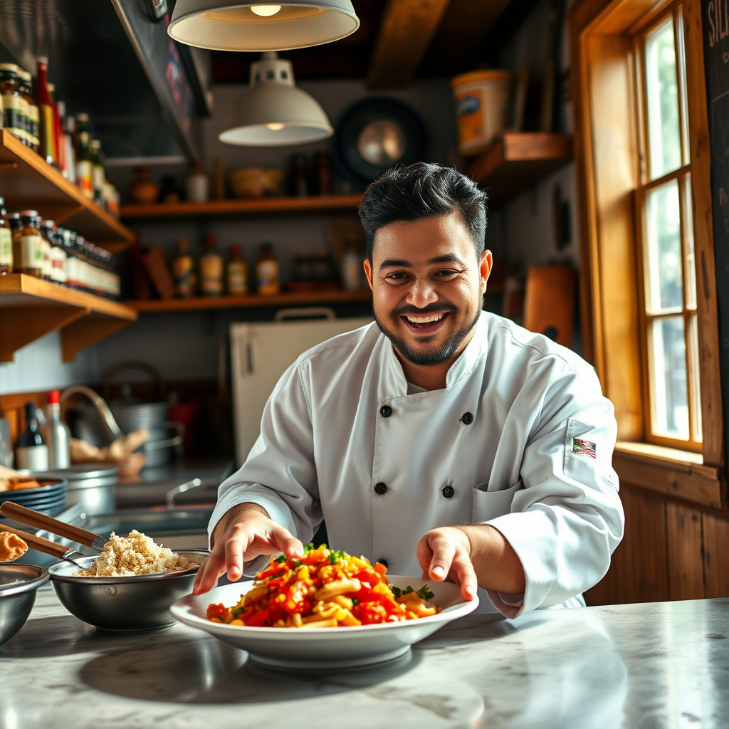 A heartwarming image focusing on a chef preparing comfort food in Smitty's kitchen. The chef, with a warm smile, expertly plates a colorful dish that showcases vibrant ingredients. The kitchen's rustic charm is evident through wooden shelves lined with spices and cooking utensils, while natural light pours in through a window, emphasizing the chef’s passion for homemade cooking. The atmosphere is lively yet intimate, resonating with the restaurant’s legacy.
