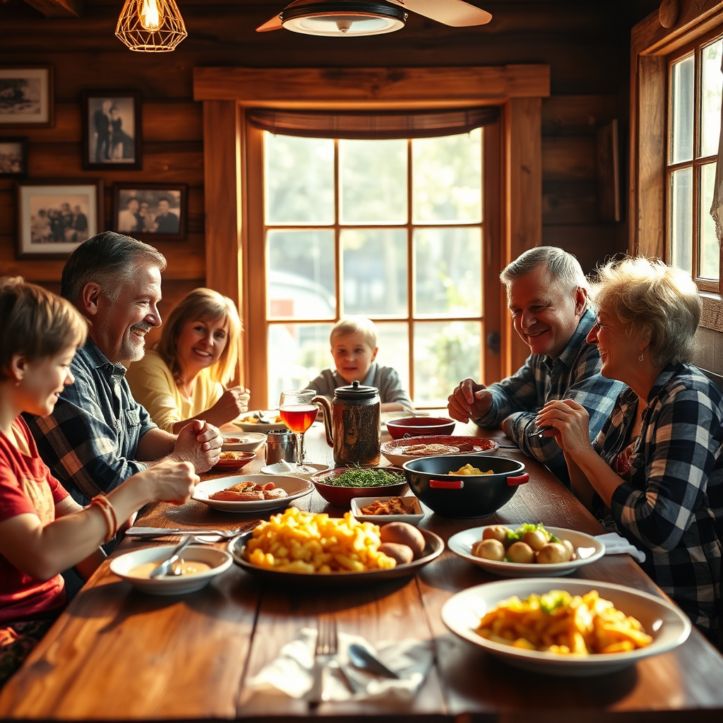 A heartwarming image representing the essence of Smitty's Restaurant, showcasing a family enjoying a meal together at a rustic wooden table filled with comfort food. The scene is warmly lit with natural light filtering through a window, creating an inviting and cozy atmosphere. Textures like the wooden table and colorful dishes enhance the visual appeal. The background includes subtle hints of family photographs and decor that reflect the restaurant's story. This image should be high quality and in 4K resolution.