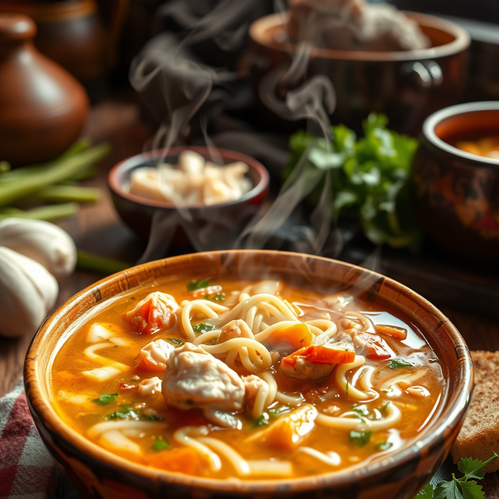 A vibrant image showcasing a close-up of a hearty bowl of chicken noodle soup at Smitty's Restaurant, with steam rising to evoke warmth. The composition captures the soup's rich colors and textures, surrounded by fresh ingredients like herbs and vegetables. The setting includes rustic elements, such as a wooden table and cozy dishware, creating an inviting feel that speaks to the comfort food theme.