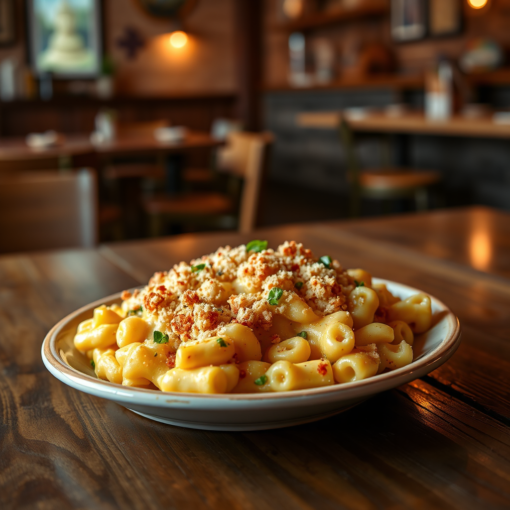 A vibrant, photorealistic image of a plate of Smitty's signature comfort food, featuring a generous serving of homemade mac and cheese topped with crispy breadcrumbs. The dish is beautifully presented on a rustic wooden table, with soft lighting that highlights the cheesy texture and colorful garnishes. In the background, there are hints of the cozy restaurant setting, with warm colors and subtle details that evoke a homey atmosphere.