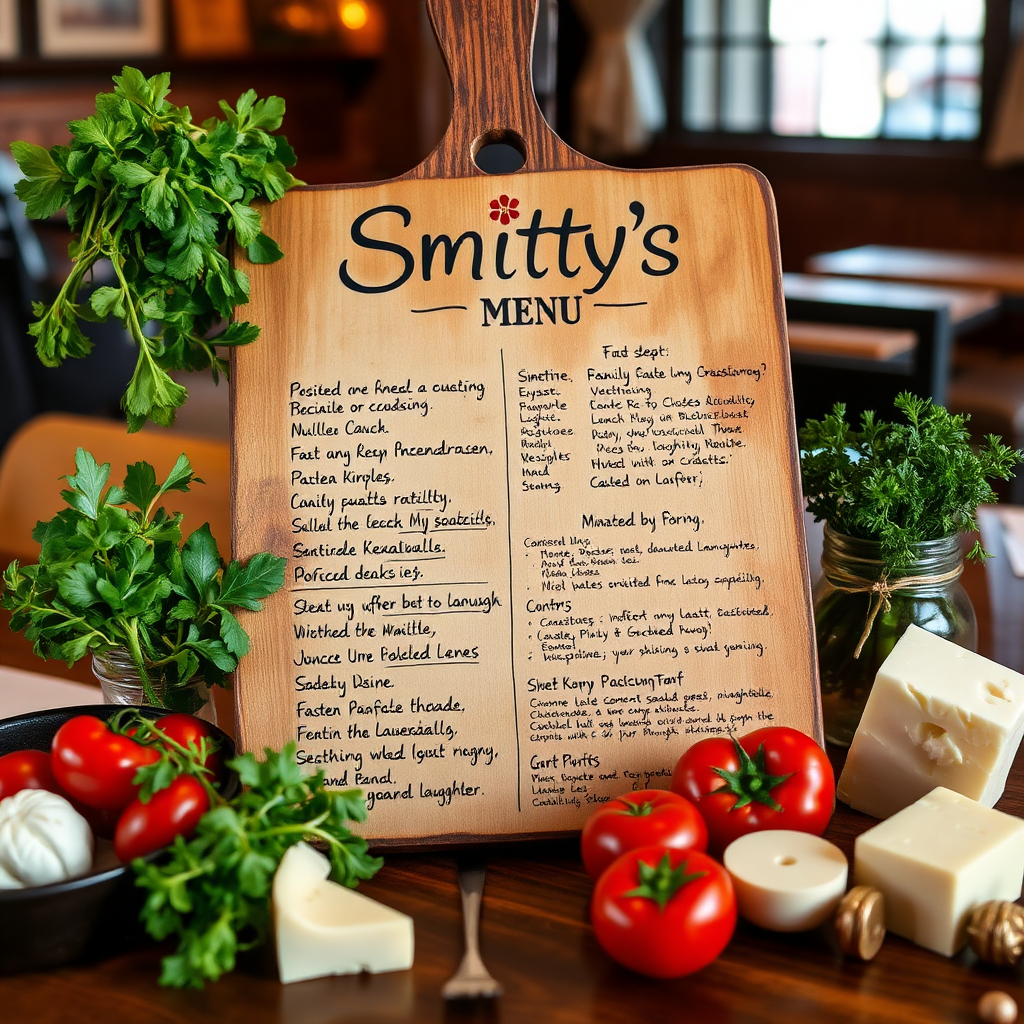 An engaging image of the Smitty's menu, beautifully displayed on a rustic wooden board with handwritten notes. Surrounding the menu are ingredients representing featured dishes, like fresh herbs, tomatoes, and cheese. The setting is warmly lit, capturing the inviting essence of the restaurant, reminiscent of family gatherings and heartfelt meals shared over stories and laughter.