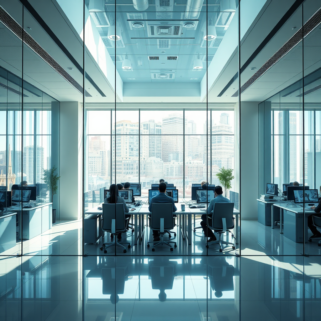 A brightly lit modern office space with a spotless glass conference room. People are working efficiently at their desks, illuminated by natural light. Focus on the clean lines and reflective surfaces. Photorealistic, 4K resolution.