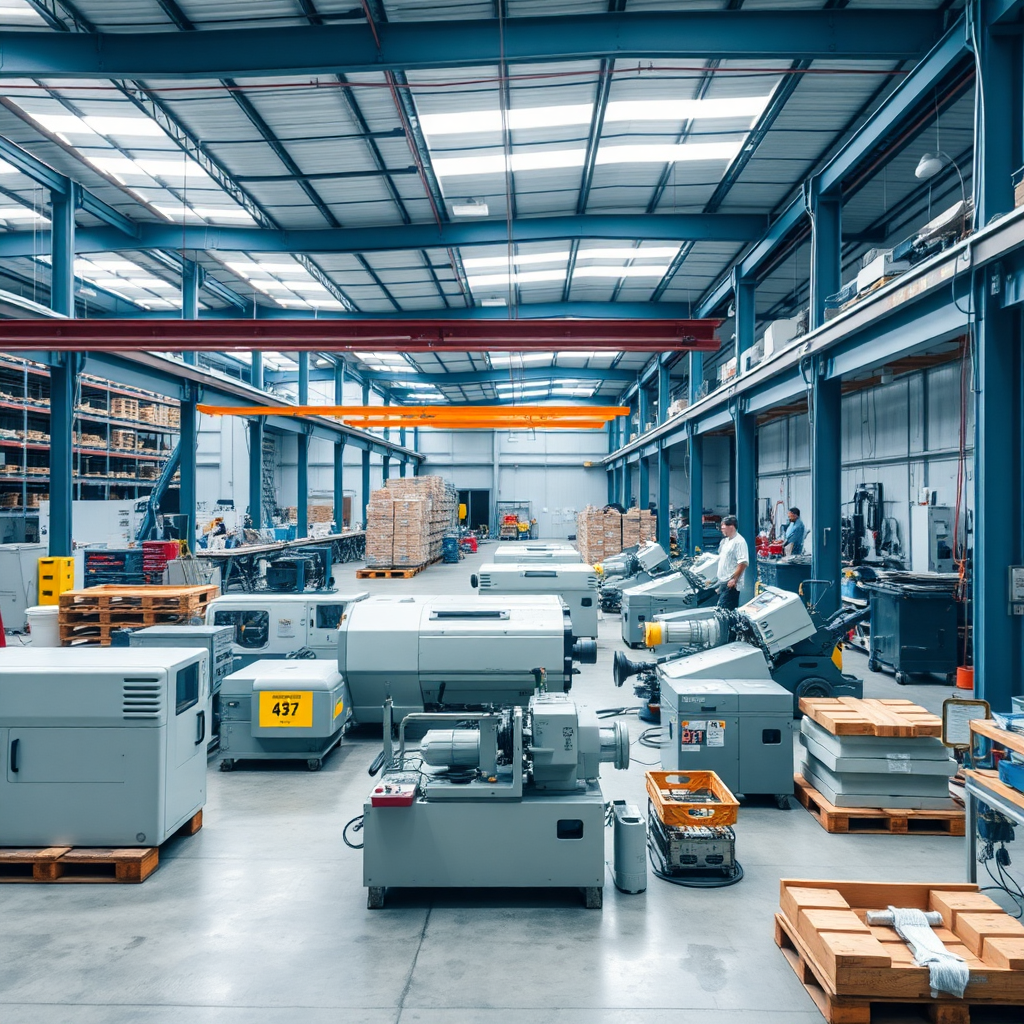 A clean and organized warehouse with machinery and equipment neatly arranged. Focus on safety and efficiency.