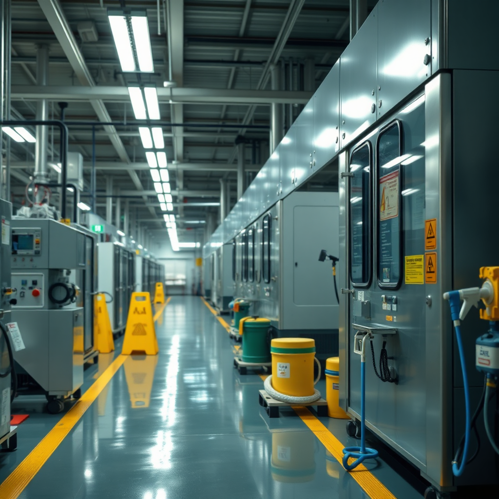 A clean and well-maintained factory floor with gleaming machinery. Safety signs are clearly visible. Industrial cleaning equipment is neatly stored. The image should convey a sense of order and cleanliness. Photorealistic, 4K resolution.