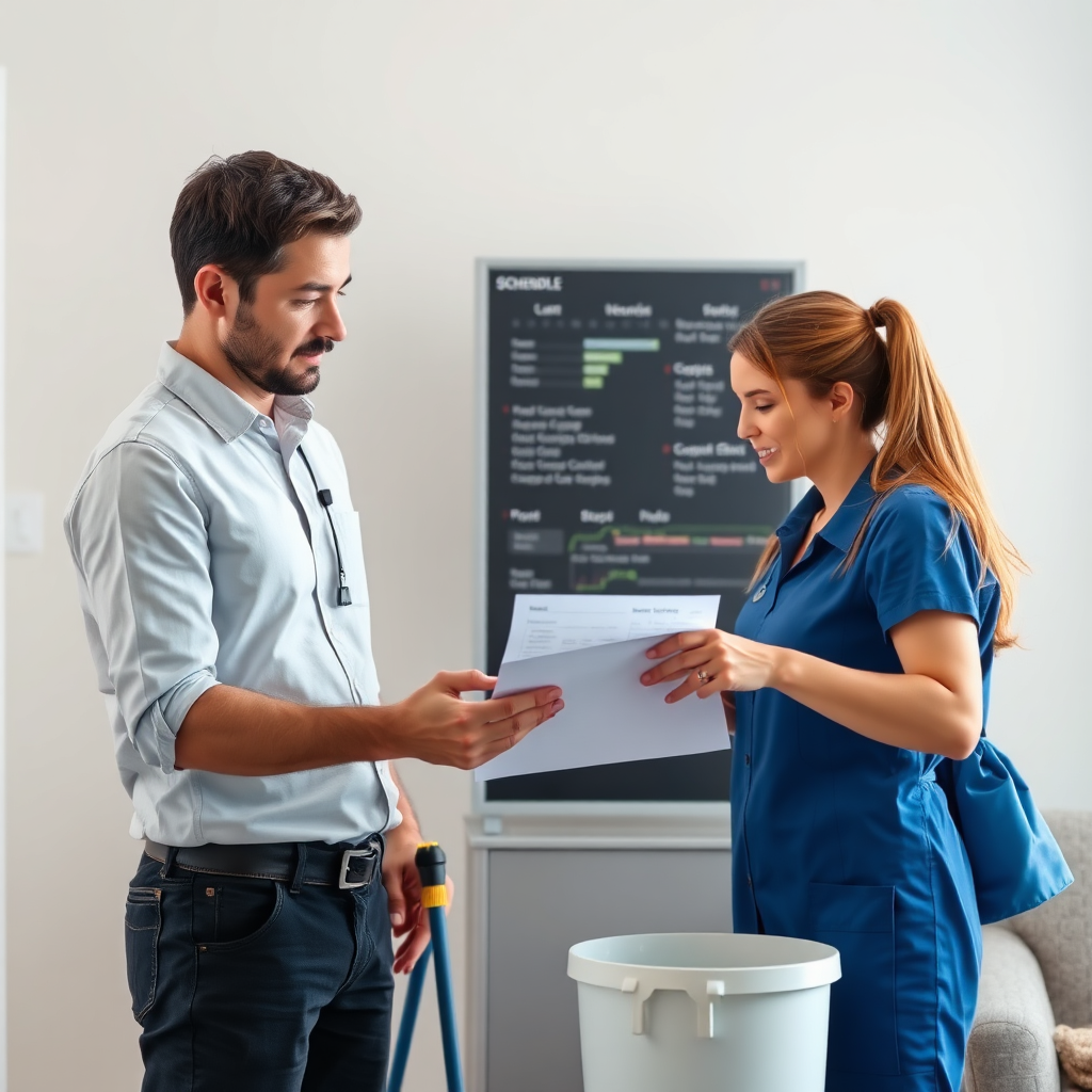 A cleaning schedule being reviewed by a client and a cleaning professional. The focus is on the interaction and the customizable nature of the service. The image should be well-lit and professional. Photorealistic, 4K resolution.