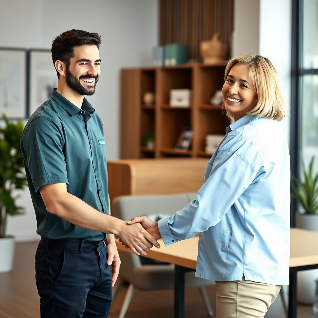 A client shaking hands with a cleaning professional, both smiling. The background shows a clean and tidy office space. The image should convey trust and satisfaction. Photorealistic, 4K resolution.