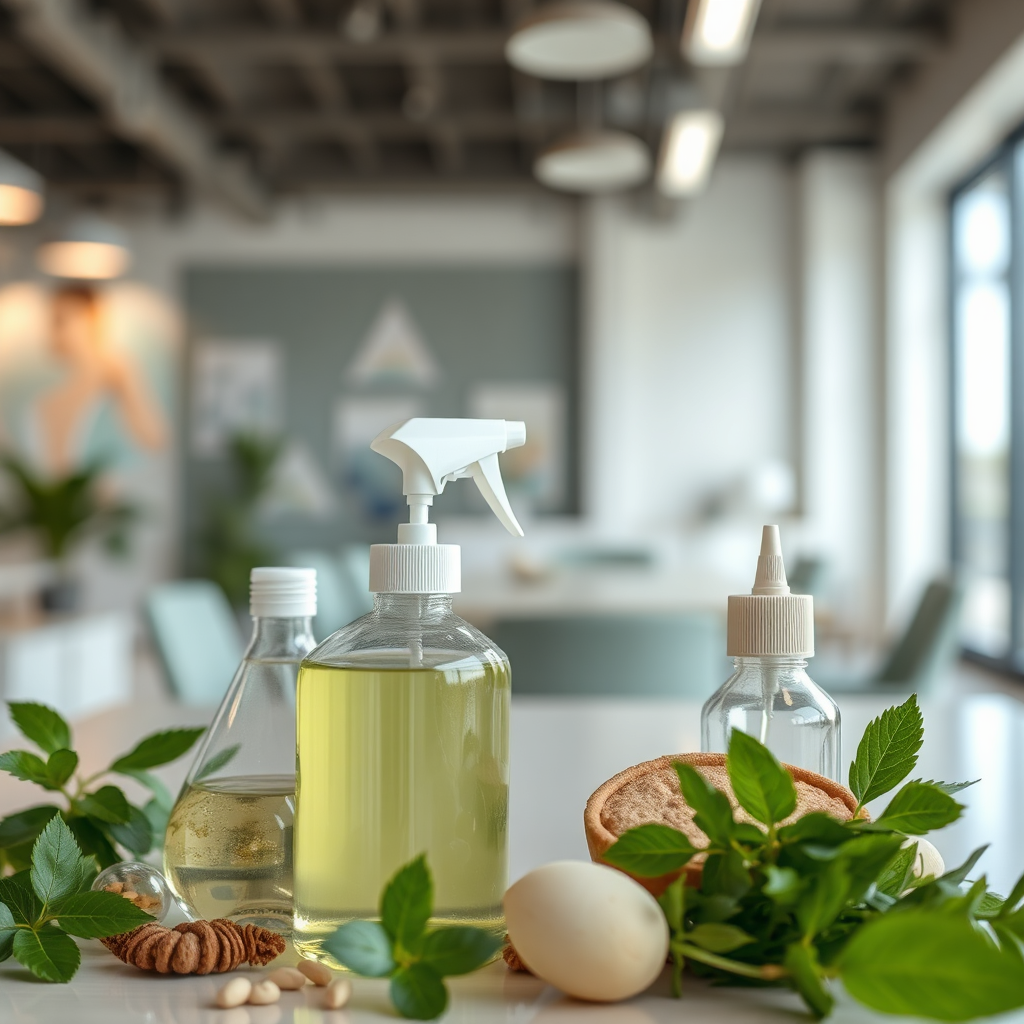 A close-up of eco-friendly cleaning products with natural ingredients. The background shows a clean and bright office space. The image should emphasize sustainability. Photorealistic, 4K resolution.