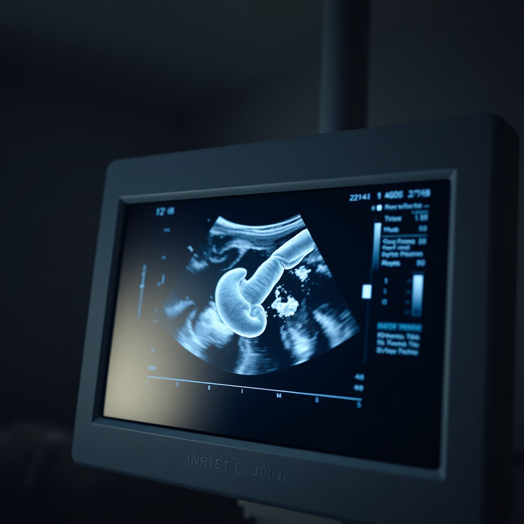 A close-up shot of an ultrasound screen displaying a clear image of a fetus. The room is dimly lit to enhance visibility of the screen. The focus is on the details of the image. Soft, diffused lighting. Technical specs: 4K resolution, photorealistic rendering.