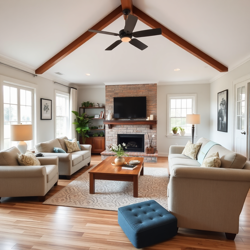 A cozy and inviting living room with comfortable furniture, clean floors, and natural light. Focus on creating a welcoming and relaxing atmosphere.