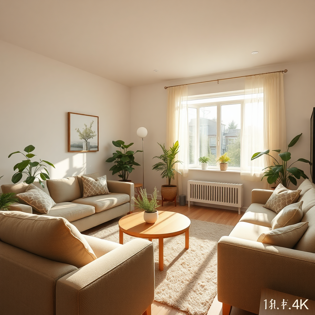 A cozy and inviting living room with sunlight streaming through the windows. The furniture is neatly arranged, and the surfaces are spotless. Plants add a touch of freshness. Photorealistic, 4K resolution.
