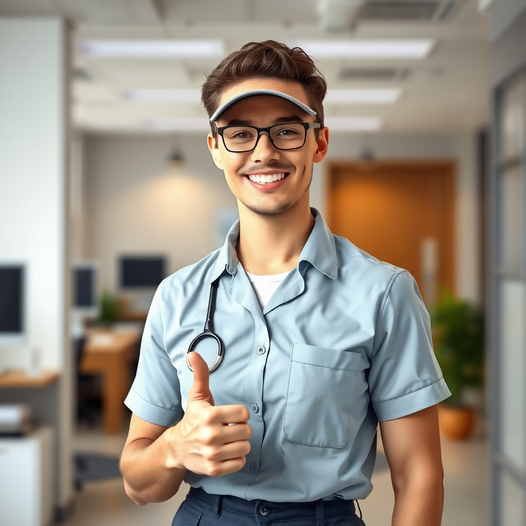 A friendly cleaning professional in uniform, smiling and giving a thumbs-up. The background is blurred, showing a clean and tidy office space. The image should convey trust and competence. Photorealistic, 4K resolution.