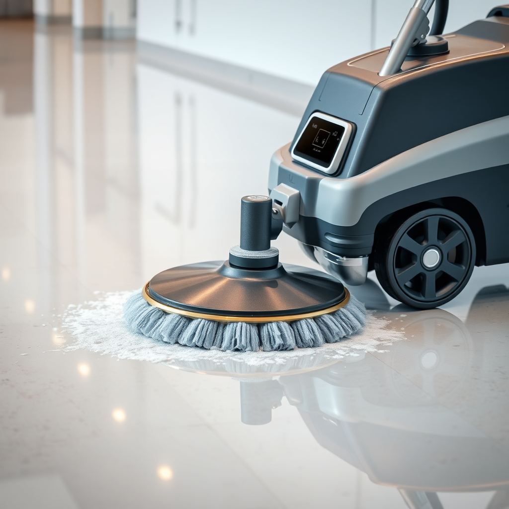 A modern cleaning machine being used on a polished floor. The focus is on the technology and its effectiveness. The image should be sharp and detailed. Photorealistic, 4K resolution.