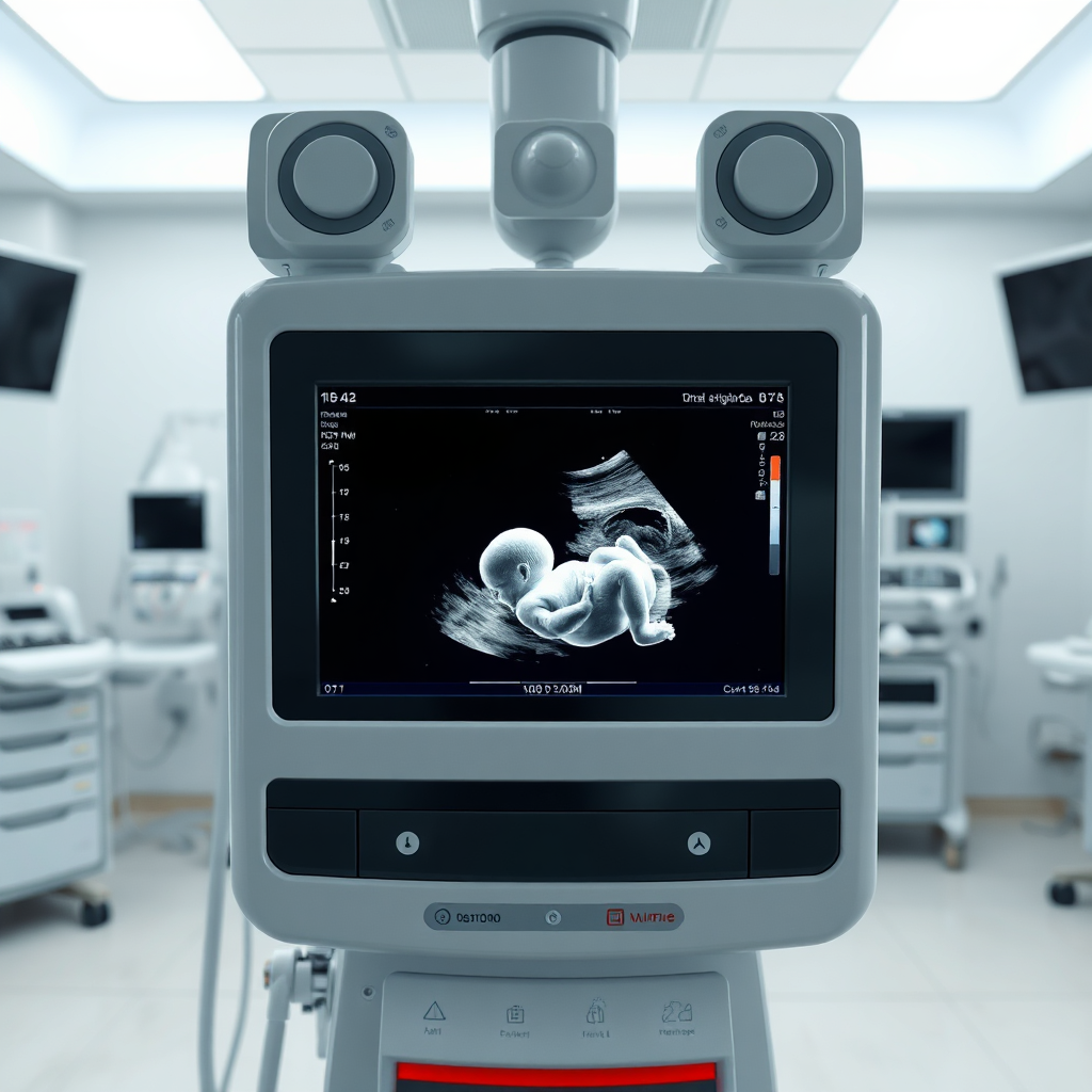 A modern ultrasound machine displaying a clear image of a baby in the womb. The machine is surrounded by medical equipment in a clean, well-lit room. The focus is on the screen and the advanced technology. Soft, diffused lighting. Technical specs: 4K resolution, photorealistic rendering.