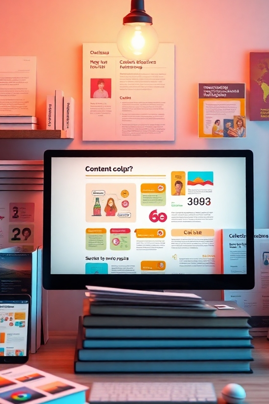 A photorealistic image of a diverse range of content formats (blog posts, e-books, infographics, videos) all seamlessly integrated into a cohesive content marketing strategy. The content should be visually appealing and informative. The lighting is warm and inviting. The color palette is vibrant and diverse. Style: modern, content-focused. Technical specs: 4K resolution, high quality.