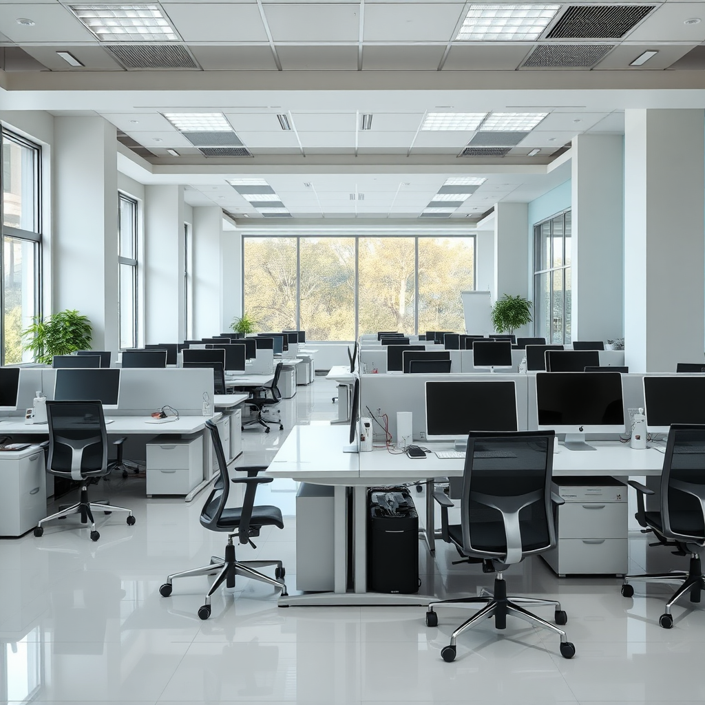A pristine office environment with desks neatly arranged, computers, clean floors, and ample natural light. Focus on the feeling of productivity and cleanliness.