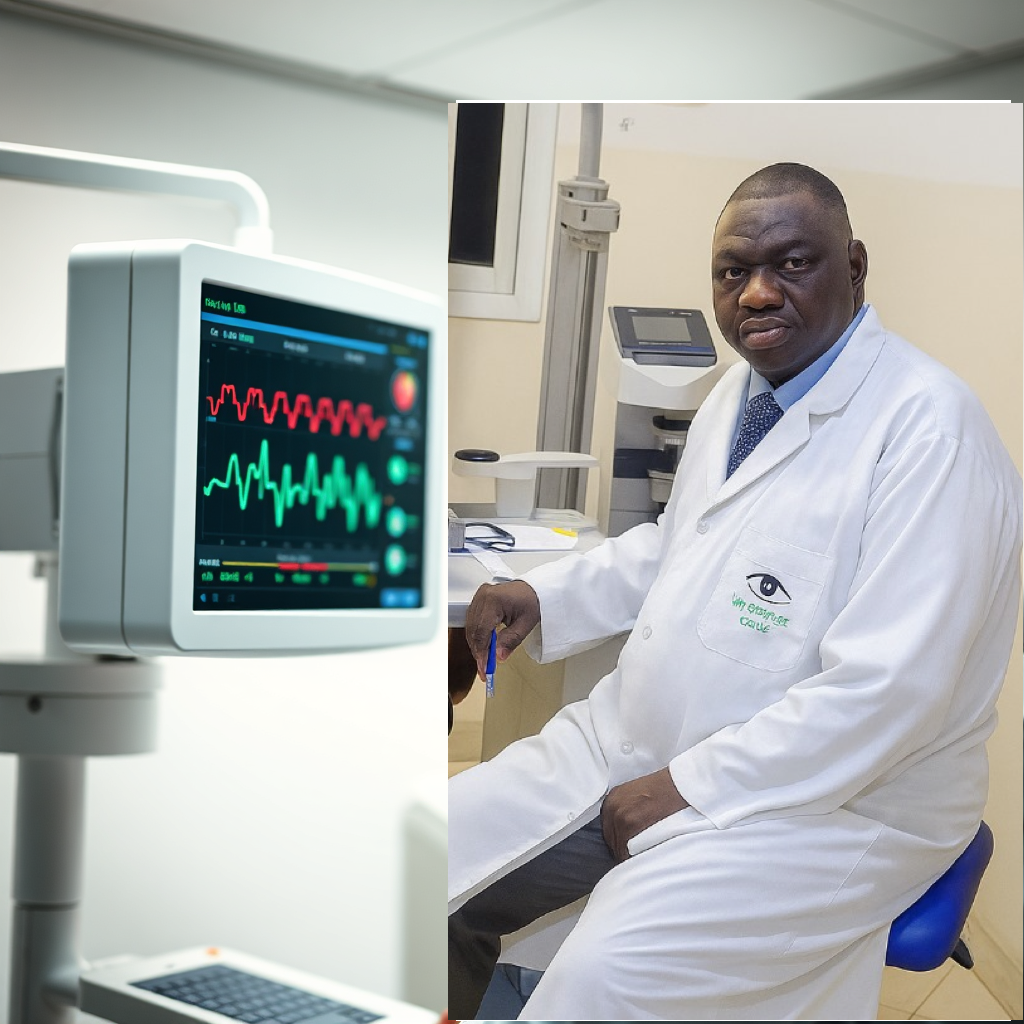 Create an image of a cardiologist examining a heart monitor. The lighting should be professional and the environment clean. The focus should be on the advanced technology.