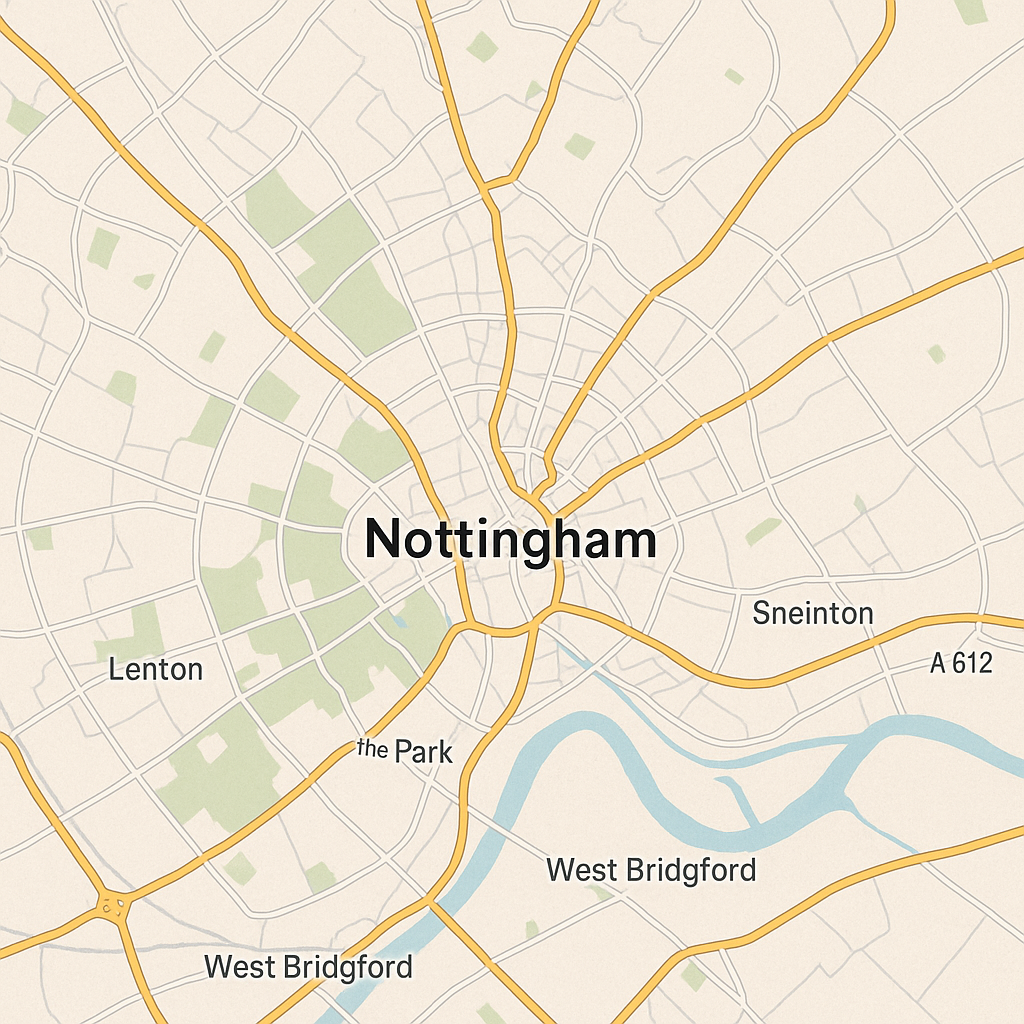 Visualize a photorealistic image featuring a map of Nottingham with a subtle icon representing Service Analyser's location. The background could feature a blurred image of a recognizable Nottingham landmark. Lighting should be bright and friendly. The overall composition should emphasize the company's local presence. Style reference: Local business advertisements with a focus on community engagement.
