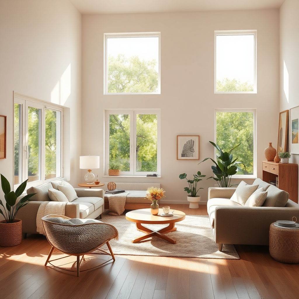 Create a cozy and inviting photorealistic image of a spotless living room with natural light streaming through the windows. Focus on creating a sense of comfort and relaxation. The lighting should be warm and inviting. Composition should be homey and comfortable. Style reference: Home interiors magazine photography.