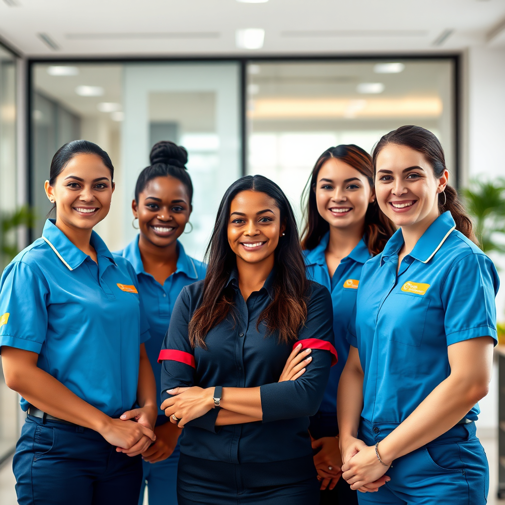 Create a photorealistic 4K image representing the Service Analyser team. The scene should feature a diverse group of cleaning professionals in their branded uniforms, smiling and interacting positively. The background should be a blurred image of a recently cleaned office or commercial space in Nottingham. The lighting should be natural and bright, conveying trust and reliability. The composition should be well-balanced and centered, with the team members as the main focus. Consider using a shallow depth of field to blur the background further. The color palette should be clean and professional, with the company's logo prominently displayed on the uniforms. Style reference: High-quality corporate photography, emphasizing approachability and professionalism.
