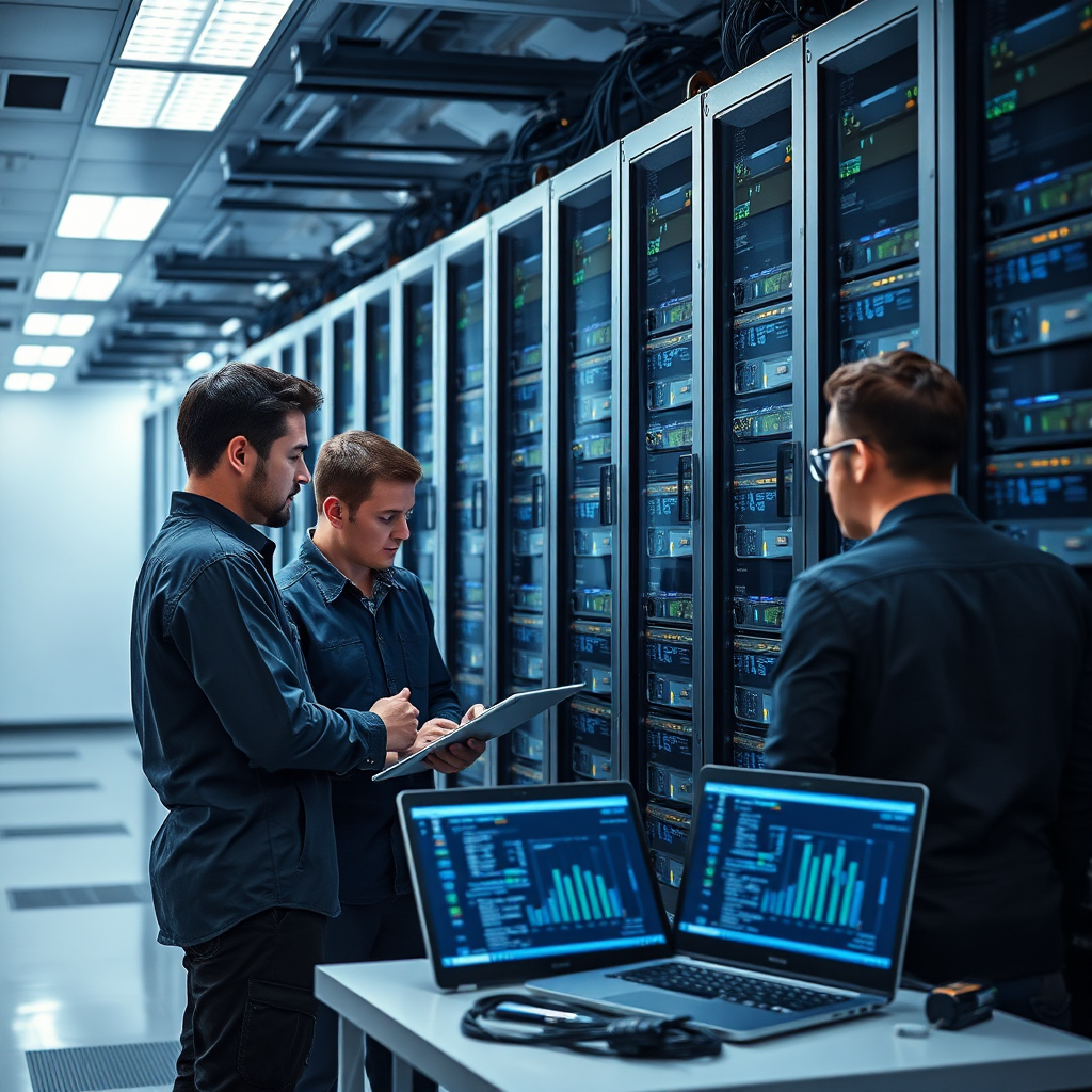 Create a photorealistic image showcasing a team of IT professionals working on a complex network infrastructure. They are gathered around a server rack, using diagnostic tools to monitor performance and troubleshoot issues. The lighting should be bright and technical, highlighting the precision and expertise involved. Colors should be cool and professional, reflecting the reliability and efficiency of the services. Camera angle: medium shot to show the team's collaboration and the scale of the infrastructure. Props: server racks, diagnostic tools, laptops displaying network data. Style: modern and efficient. This image should convey the comprehensive IT services offered by Mit-Technologie.