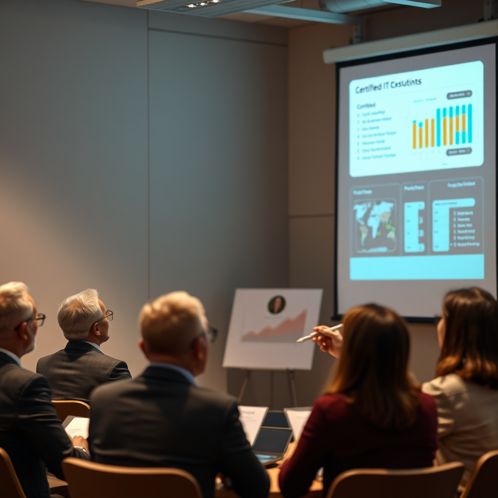 Create a photorealistic image of a certified IT consultant giving a presentation to a group of business executives. The consultant is confident and knowledgeable, using a projected display to showcase data insights. The executives are engaged and attentive, taking notes and asking questions. Lighting should be professional and authoritative, emphasizing the consultant's expertise. Colors should be neutral and trustworthy, reflecting the reliability of the information. Camera angle: medium shot to capture the interaction between the consultant and the audience. Props: projected display, business attire, presentation materials. Style: formal and professional. This image should convey Mit-Technologie's commitment to providing expert training and consulting services.