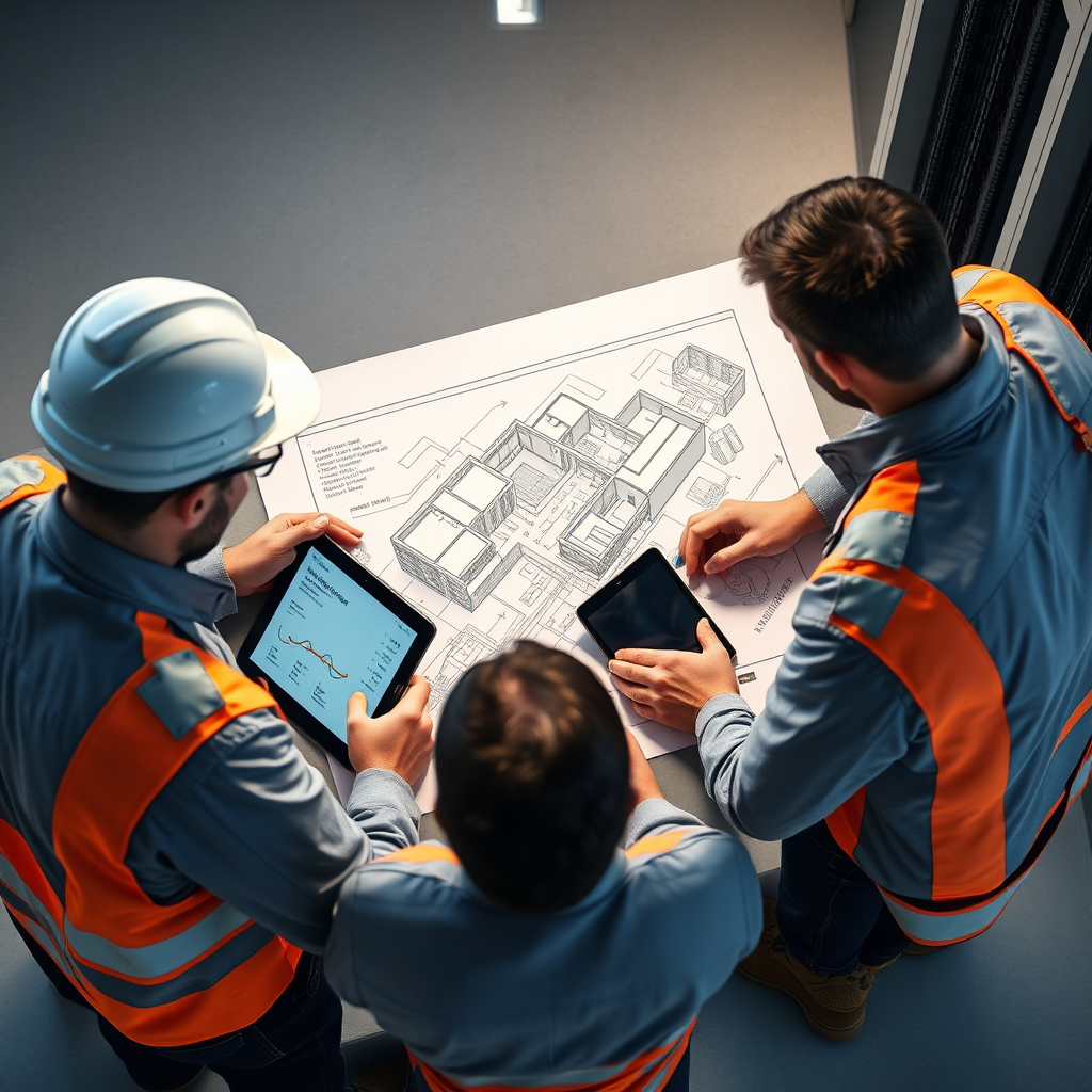 Create a photorealistic image of IT professionals planning a network installation. The team is huddled around a blueprint of a building's network infrastructure, using tablets and laptops to analyze the design and plan the installation. The lighting should be focused and precise, highlighting the details of the blueprint and the team's expertise. The color palette should be professional and technical, reflecting the careful planning and execution involved. Camera angle: a medium shot to capture the team's collaboration and the details of the blueprint. Props: blueprint, tablets, laptops, tools, safety equipment. Style: modern and professional. This image should convey Mit-Technologie's expertise in network design and installation.