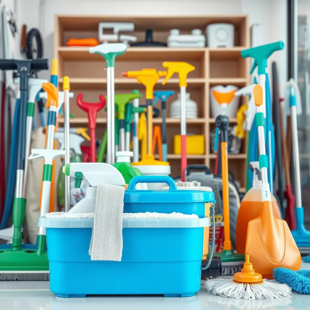 Create a photorealistic image of cleaning equipment arrayed in a clean, organized setting. Focus on the variety of tools and supplies used for different cleaning tasks (e.g., floor scrubbers, window cleaning tools, vacuum cleaners). Lighting should be bright and even, highlighting the cleanliness and order. Composition should be balanced and professional. Consider a close-up shot to emphasize the detail of the equipment. Color palette should be clean and modern. Style reference: Product photography with a focus on functionality and cleanliness.