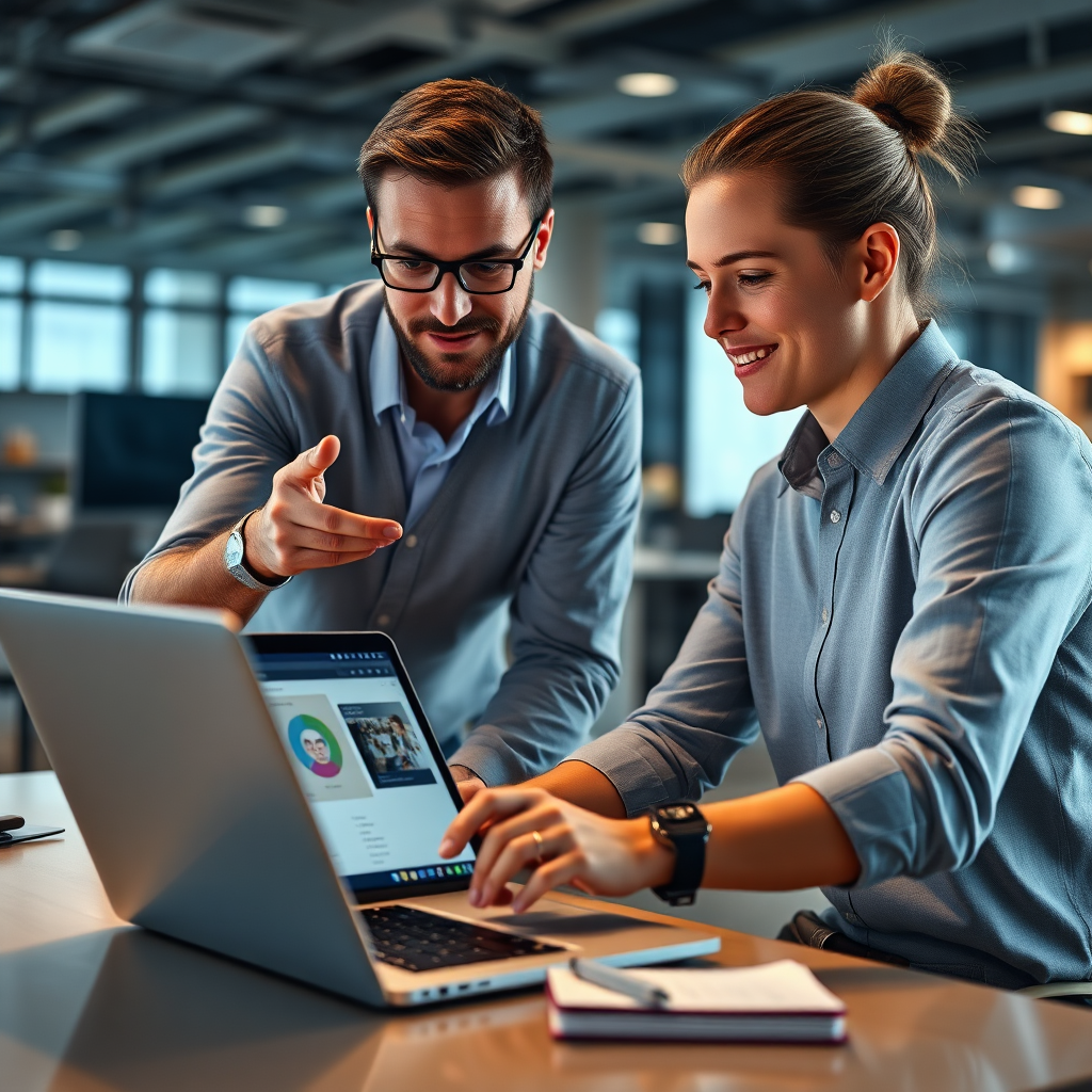 Create a photorealistic image depicting a personalized IT training session. A trainer is working one-on-one with an employee in a modern office setting. The focus is on the interaction, showing the trainer explaining a concept while the employee actively engages on a laptop. The lighting should be soft and focused, highlighting the learning process. Colors should be warm and inviting, emphasizing the supportive atmosphere. Camera angle: close-up shot to capture the details of their interaction. Props: laptop screen showing relevant IT software, notepad with handwritten notes. Style: professional and encouraging. This image should convey the individual attention and customized approach to Mit-Technologie's training.