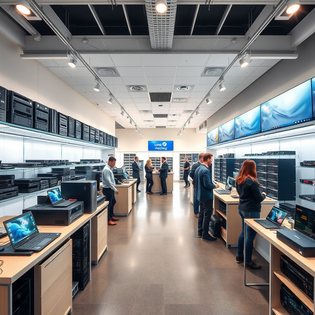 Create a photorealistic image of a modern showroom displaying a variety of IT hardware and networking equipment. The showroom is well-lit and organized, with products neatly arranged on shelves and displays. Customers are browsing the products, interacting with sales representatives, and using demo stations. The lighting should be bright and inviting, showcasing the quality and variety of the products. The color palette should be modern and professional, reflecting the reliability and value of the equipment. Camera angle: a wide shot to capture the scale and variety of the showroom. Props: laptops, servers, routers, switches, displays, sales representatives, customers. Style: modern and professional. This image should convey Mit-Technologie's offering of quality IT hardware and networking equipment.