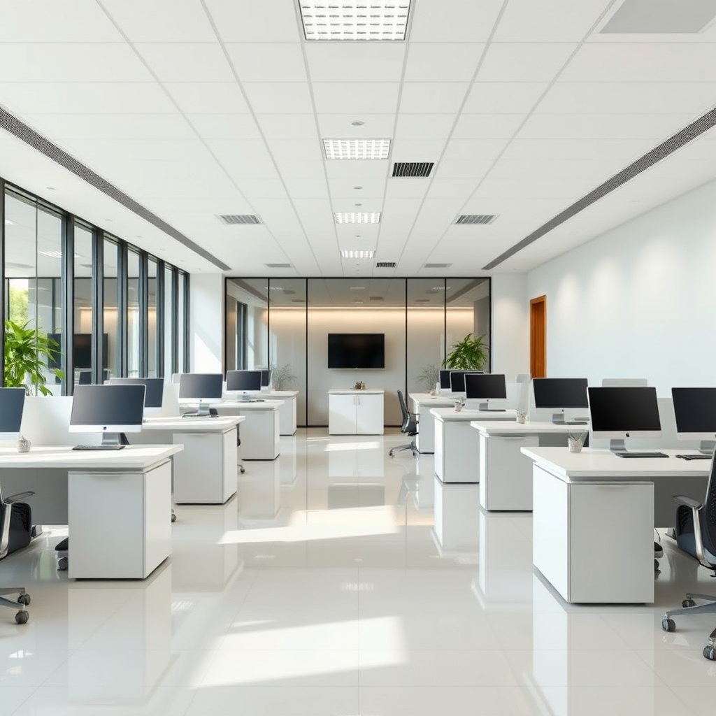 Create a photorealistic image showcasing a clean and organized modern office space after being cleaned by Service Analyser. Emphasize the spotless surfaces, tidy desks, and overall sense of cleanliness. Lighting should be bright and inviting. Composition should be professional and modern. Style reference: Architectural photography with a focus on clean lines and bright spaces.