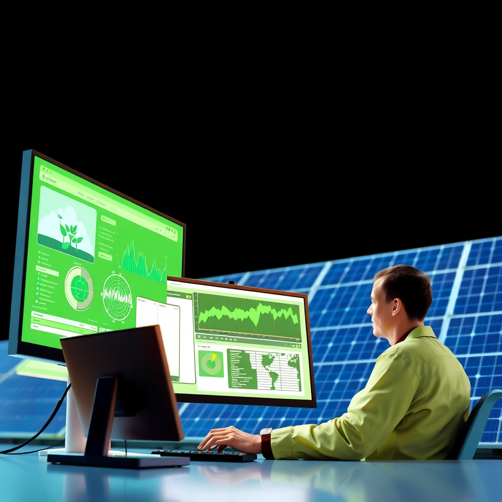 Create a stylized image combining IT support and renewable energy. A technician is providing remote assistance to a user, while in the background, a solar panel array is generating clean energy. A digital interface is showing real-time monitoring of both the IT systems and the energy production. The lighting should be bright and futuristic, highlighting the technology and sustainability. The color palette should be green and blue, symbolizing renewable energy and reliable IT services. Camera angle: a medium shot to capture both the technician and the solar panel array. Props: technician, computer screen, solar panels, digital interface. Style: modern and sustainable. This image should convey Mit-Technologie's combined expertise in IT support and renewable energy solutions.