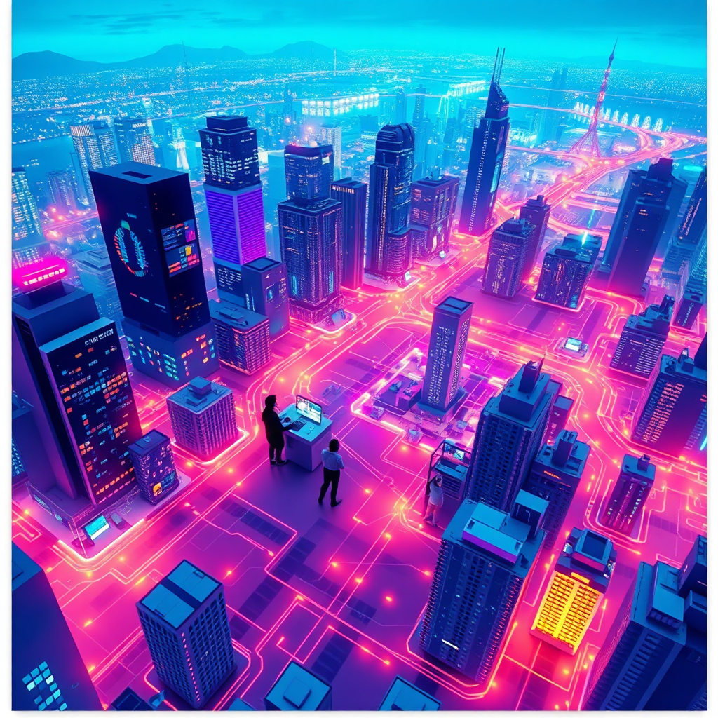 Create a stylized image representing innovative IT solutions. A futuristic cityscape with glowing network connections represents a connected and efficient infrastructure. A diverse team of avatars are collaborating within the city's network. The lighting should be vibrant and dynamic, with glowing lines representing data flow. Colors should be a mix of blues, purples, and oranges, symbolizing innovation and connectivity. Camera angle: high-angle shot to show the scale and complexity of the network. Props: holographic displays, futuristic vehicles, stylized buildings. Style: modern and forward-thinking. This image should convey Mit-Technologie's commitment to providing innovative IT solutions.