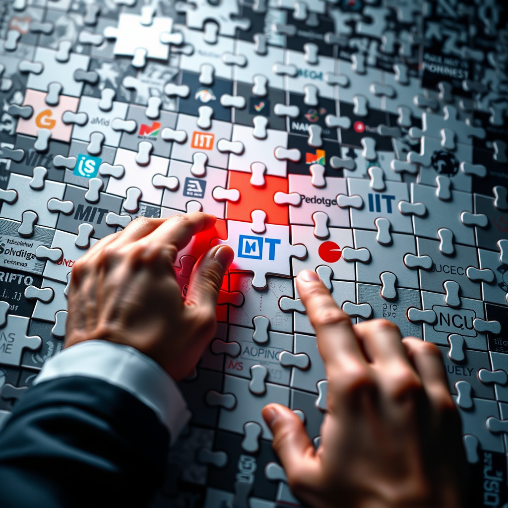 Create an image representing customized IT solutions. An intricate jigsaw puzzle symbolizing a company's IT infrastructure. Each piece represents a different element of the business. A hand is carefully placing a piece in the right place to show finding the right solution. The lighting should be focused and precise, highlighting the individual pieces and their connection. Colors should be vibrant and dynamic, symbolizing the complexity and potential of the solutions. Camera angle: close-up shot to capture the details of the puzzle. Props: puzzle pieces, hand placing a piece, business logos subtly displayed. Style: clean and precise. This image should convey Mit-Technologie's ability to provide tailored IT solutions.