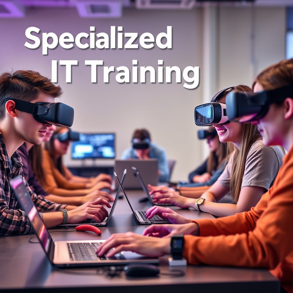 Create an image representing specialized IT training. A group of students is engaged in a hands-on coding workshop. They are using laptops and virtual reality headsets to learn advanced programming concepts. Lighting should be energetic and engaging, emphasizing the active learning environment. Colors should be vibrant and inspiring, reflecting the creativity and innovation. Camera angle: medium shot to capture the interaction between the students. Props: laptops, VR headsets, coding software. Style: modern and interactive. This image should convey Mit-Technologie's commitment to providing specialized IT training.