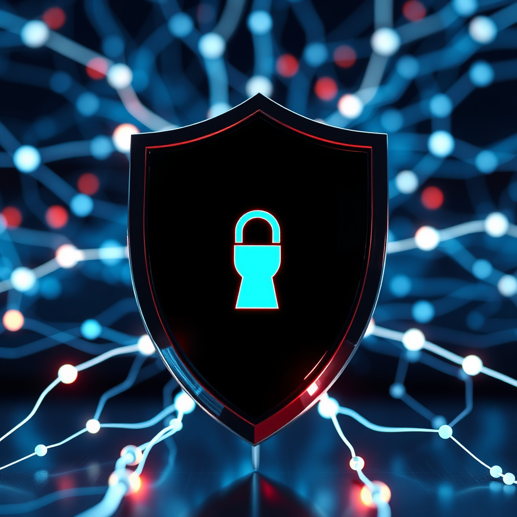 Create an image showcasing customized IT services. A shield protecting a digital network from cyber threats. The network is displayed as a glowing web of connections, and the shield is strong and impenetrable. Lighting should be dramatic and secure, emphasizing the protection and reliability. Colors should be cool and trustworthy, reflecting the security and stability. Camera angle: close-up shot to capture the details of the shield. Props: shield, network connections, cyber threat symbols. Style: modern and secure. This image should convey Mit-Technologie's ability to provide tailored IT security services.