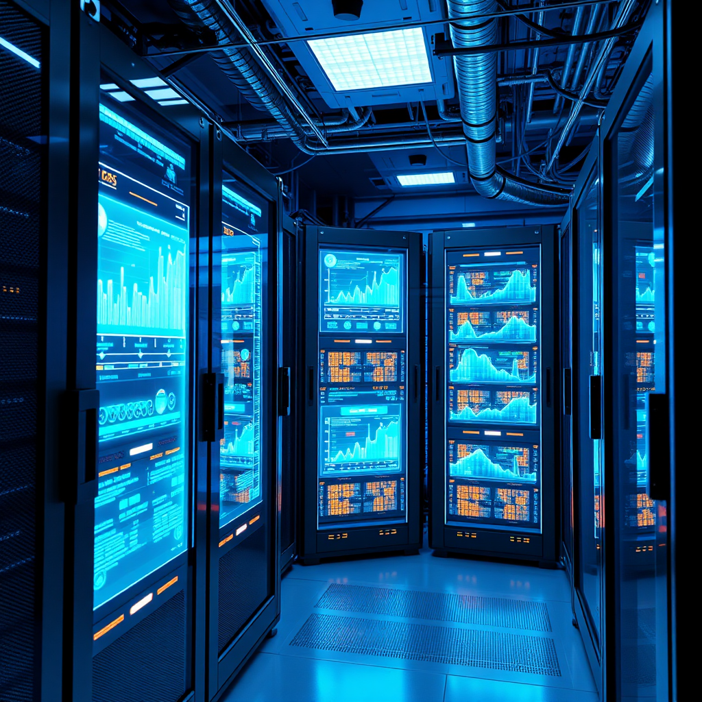 Create an image showcasing cutting-edge IT technology. A futuristic server room with glowing holographic displays showing real-time data analysis. The server racks are sleek and modern, with advanced cooling systems and fiber optic cables. Lighting should be bright and technical, emphasizing the advanced technology. Colors should be cool and futuristic, reflecting the innovation and efficiency. Camera angle: wide shot to capture the scale and complexity of the server room. Props: server racks, holographic displays, fiber optic cables. Style: modern and advanced. This image should convey Mit-Technologie's commitment to utilizing the latest technology.