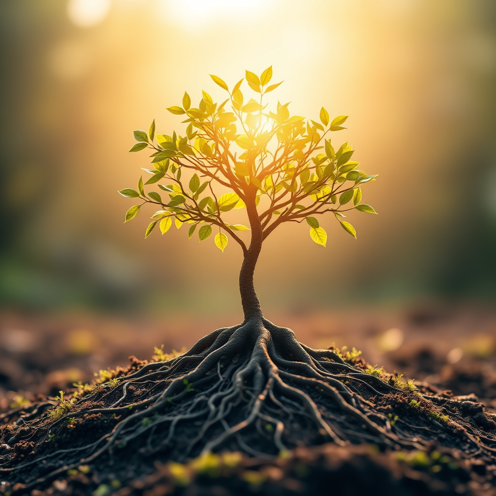Create an image symbolizing a successful digital transformation. A growing tree with roots representing the company's foundation and branches representing the different aspects of its IT infrastructure. The tree is thriving and healthy, symbolizing growth and success. Lighting should be warm and vibrant, emphasizing the positive outcome. Colors should be natural and inspiring, reflecting the growth and sustainability. Camera angle: wide shot to capture the entire tree. Props: tree, roots, branches, leaves. Style: natural and thriving. This image should convey Mit-Technologie's commitment to ensuring long-term success.