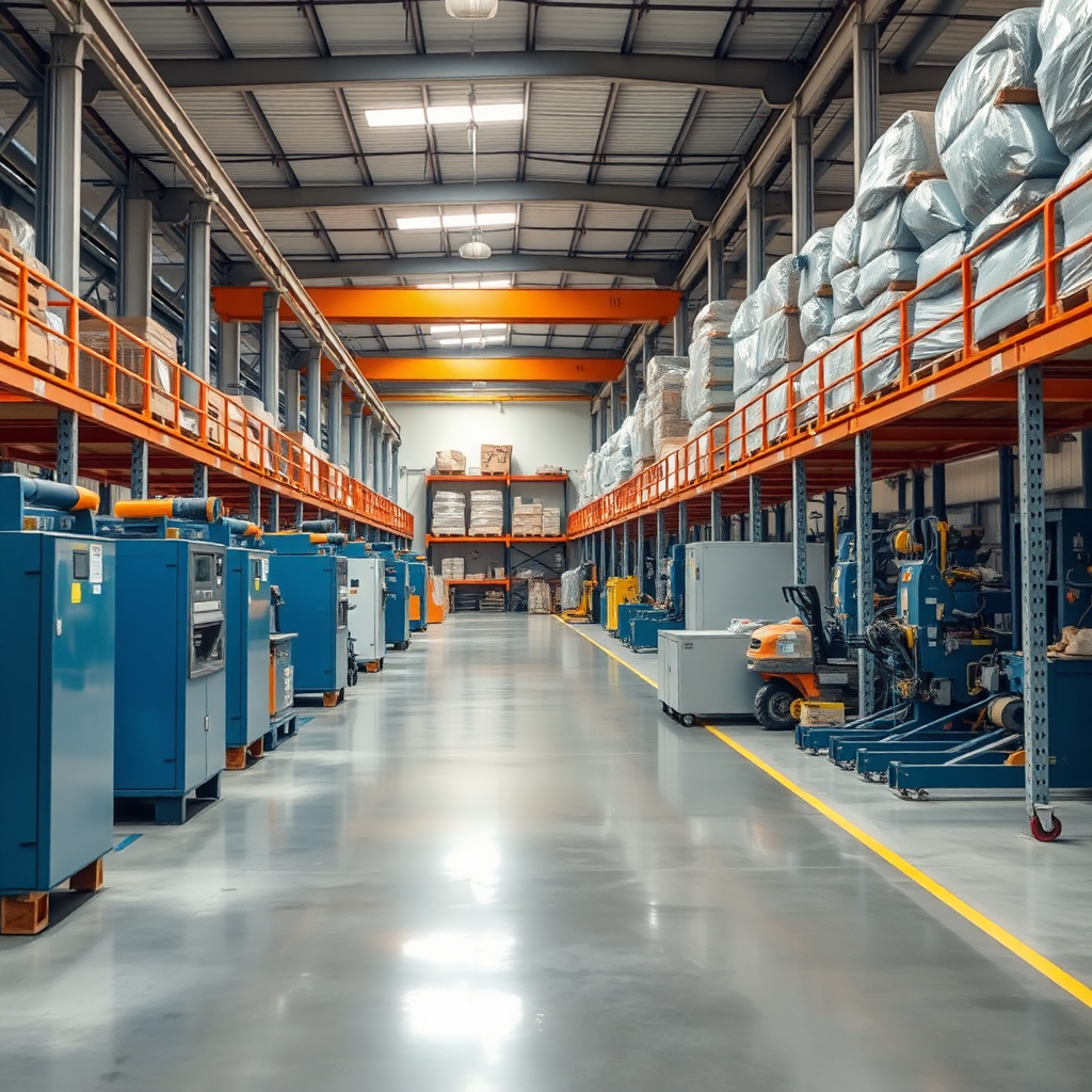 Depict a photorealistic, clean and organized warehouse with machinery neatly arranged. Focus on the efficiency and safety of the space. The lighting should be bright and even. Composition should be orderly and professional. Style reference: Industrial facility photography.