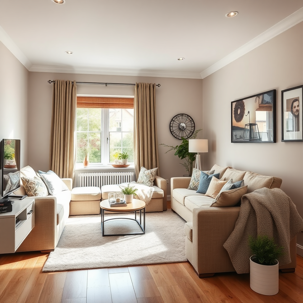 Depict a photorealistic image of a cozy and spotless living room in a Nottingham home after being cleaned by Service Analyser. Emphasize the comfort and cleanliness of the space. Lighting should be warm and inviting. Composition should be relaxed and inviting. Style reference: Home interiors photography with a focus on comfort and cleanliness.