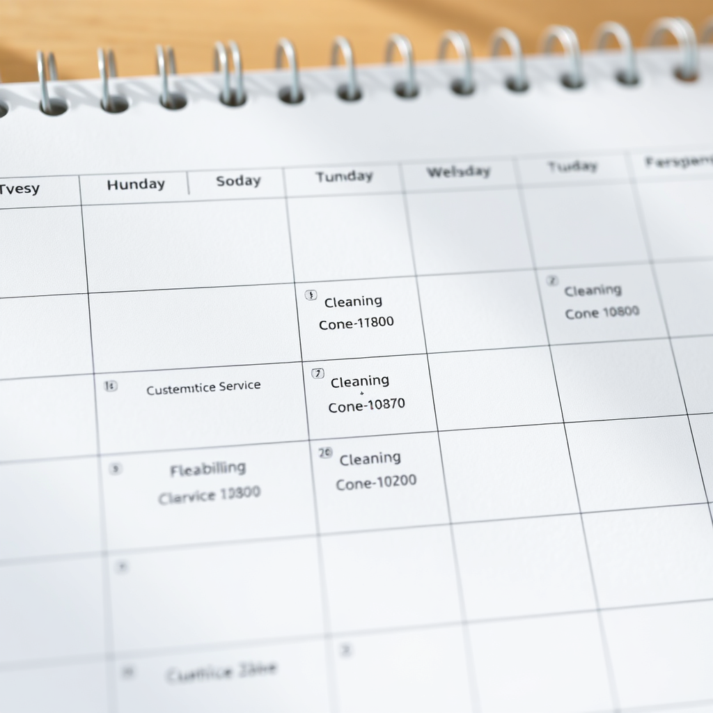 Depict a photorealistic image of a calendar or planner with various cleaning service options highlighted, representing flexibility. The image should be clean and well-organized. Lighting should be professional and inviting. The overall composition should emphasize choice and customization. Style reference: Business management blogs with a focus on flexibility and personalization.