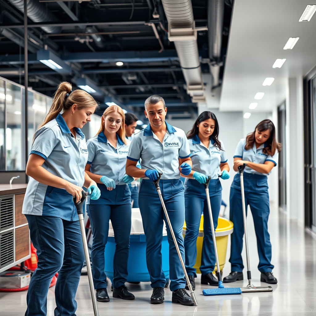 Depict a team of Service Analyser cleaning professionals in their branded uniforms, working efficiently and effectively in a commercial space. Show them collaborating and using professional-grade equipment. Lighting should be bright and professional. Composition should emphasize teamwork and expertise. Style reference: Corporate photography focused on teamwork and efficiency.