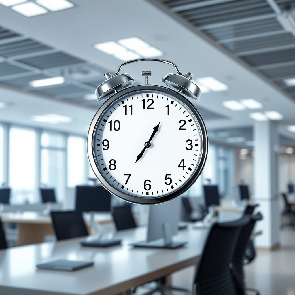 Generate a photorealistic image of a clock overlaid on a clean office environment, symbolizing punctuality and reliability. The clock should be modern and professional-looking. Lighting should be clean and professional. The overall composition should be reassuring and dependable. Style reference: Business-themed photography with a focus on time management and reliability.