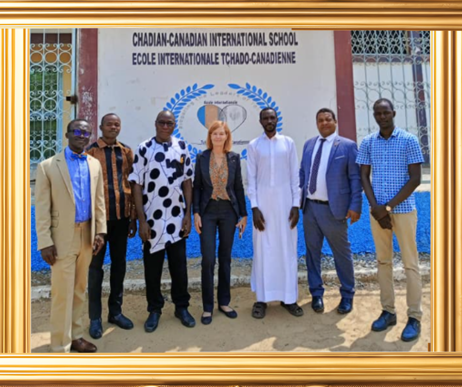 Create a photorealistic image representing the Ecole Internationale Tchado-Canadienne and its mission. The image should feature a stylized tree of knowledge with its roots firmly planted in the ground, symbolizing the school's strong foundation. The branches of the tree should reach towards the sky, with leaves representing students at different stages of their education – maternelle, primaire, collège, lycée, and university. Each level should be subtly depicted with corresponding symbols or imagery (e.g., building blocks for maternelle, a globe for collège, a graduation cap for university). The lighting should be soft and diffused, creating a sense of growth and enlightenment. Use a color palette of earthy tones for the roots and trunk, transitioning to brighter, more vibrant colors for the leaves and branches. The camera angle should be low, looking up at the tree to emphasize its height and grandeur. The environment should be a serene and welcoming school campus. Style references: blend realism with a touch of symbolic artistry. Technical specs: 4K resolution, high quality rendering.