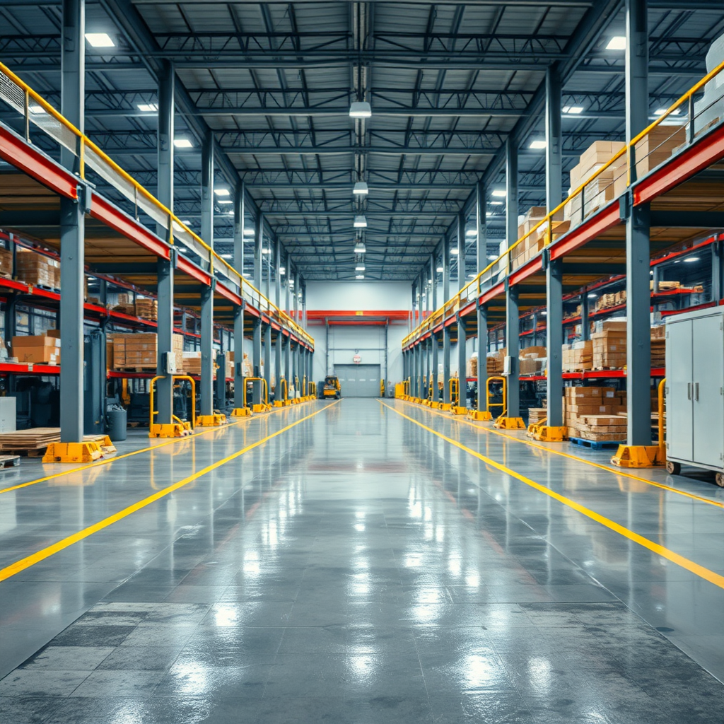 Visualize a photorealistic image of a clean and well-maintained warehouse or factory floor. Focus on the cleanliness and order, showcasing the results of industrial cleaning. Lighting should be bright and even, highlighting the safety and efficiency of the space. Style reference: Industrial photography with a focus on cleanliness and safety.