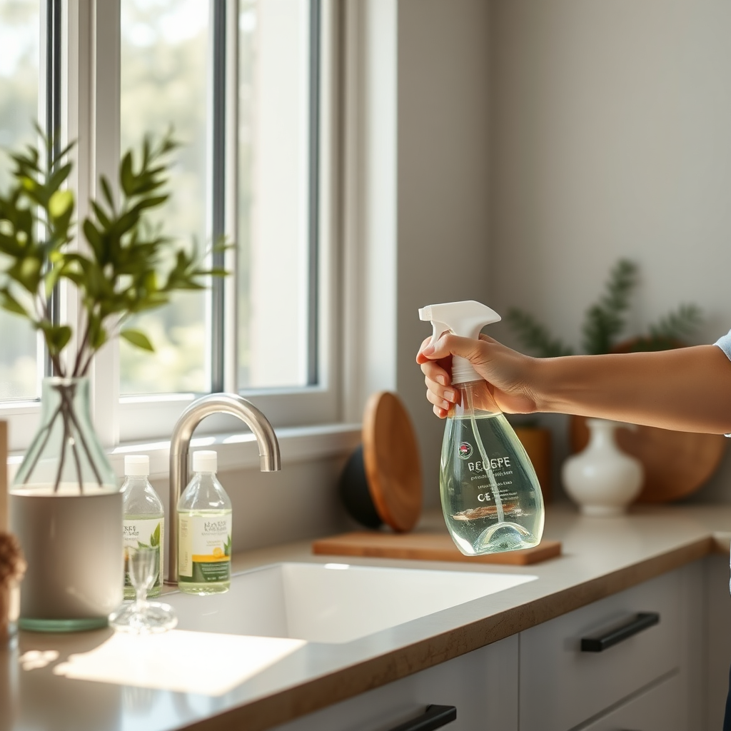 Visualize a photorealistic image showcasing eco-friendly cleaning products being used in a bright and airy home. Focus on natural light streaming through a window. Feature a person using a plant-based cleaning spray on a kitchen surface. Color palette should be natural and earthy. Style reference: Sustainable living blogs, emphasizing natural materials and a clean aesthetic.