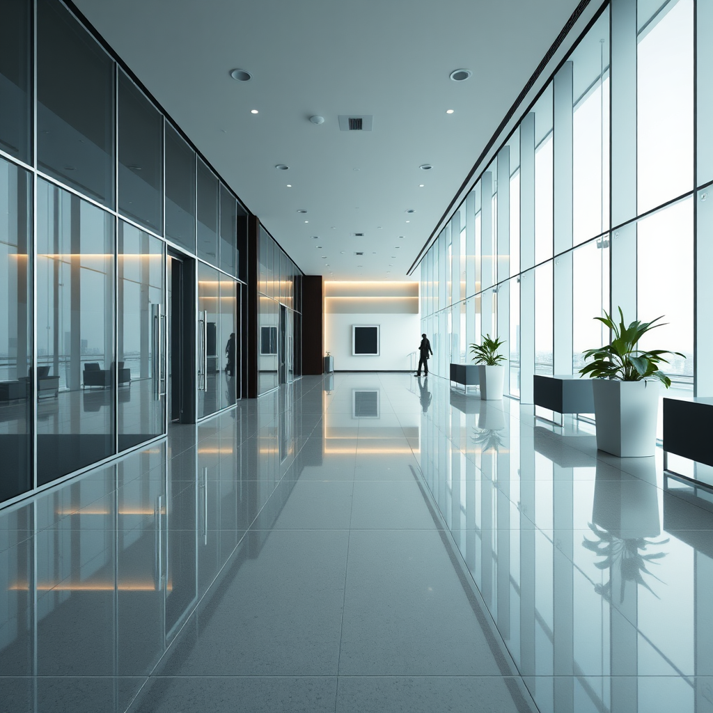 Visualize a pristine, photorealistic office lobby with gleaming floors and spotless glass surfaces. Focus on creating a sense of professionalism and cleanliness. The lighting should be bright and inviting. Composition should be modern and sleek. Style reference: Modern office design photography.
