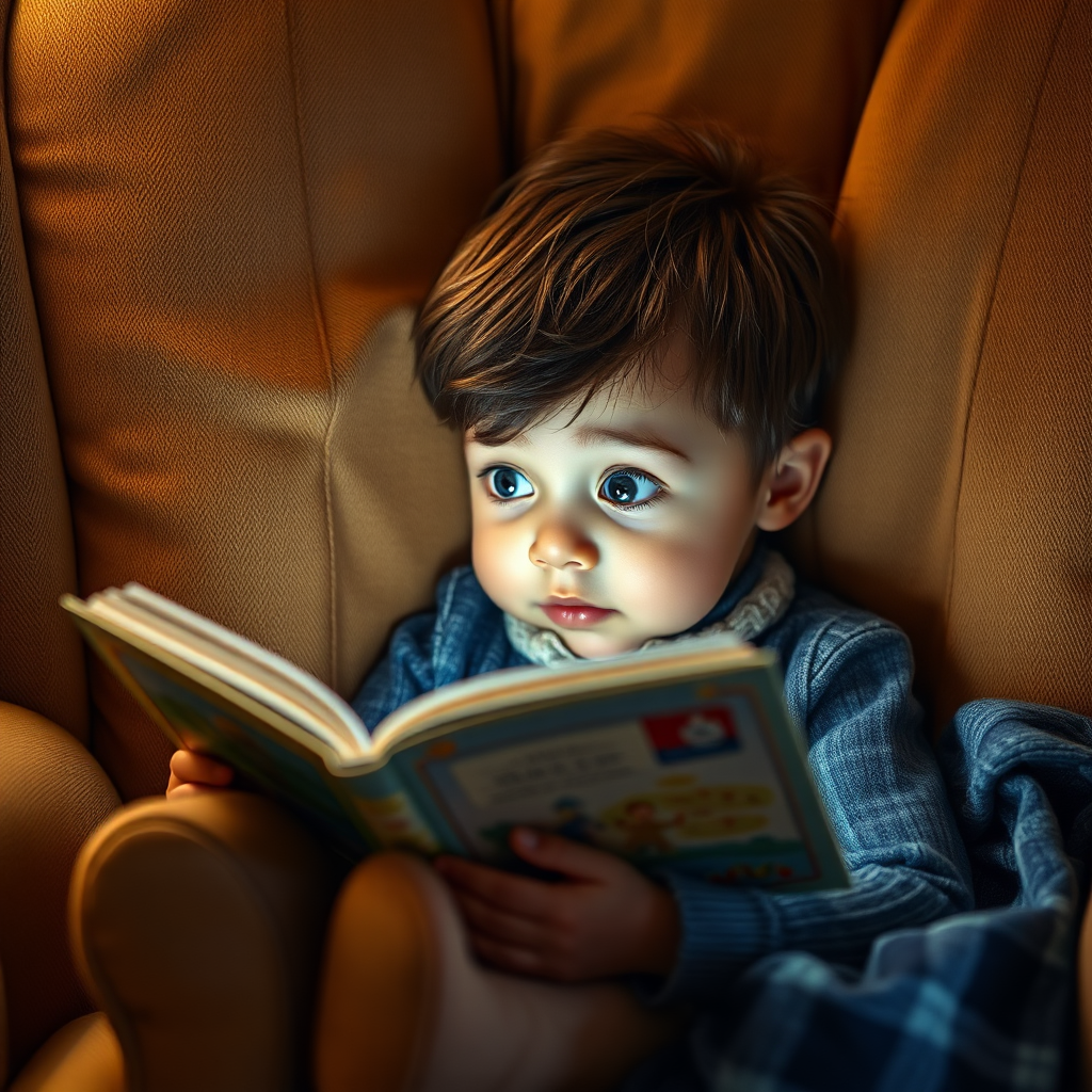 A child nestled in a cozy armchair, engrossed in reading a storybook. The child's eyes are wide with wonder, indicating the captivating nature of the story. The lighting is warm and inviting, highlighting the comfort and enjoyment of reading. The style is photorealistic, with a touch of warmth and imagination. Technical specs: 4K resolution, high quality, vibrant colors, and soft textures.