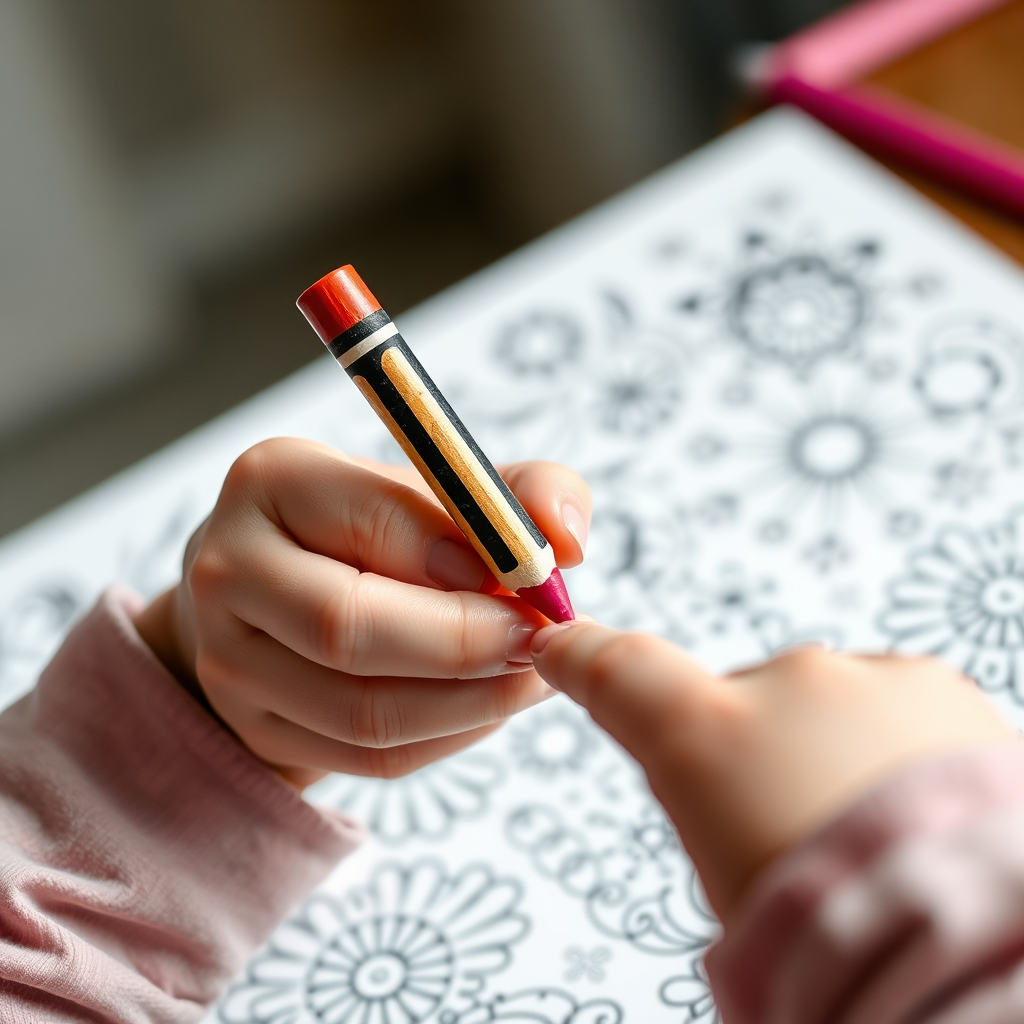 A child's hands holding a crayon, hovering over a blank coloring page filled with intricate designs. The background is blurred, creating a sense of focus on the child's creative process. The lighting is soft and diffused, highlighting the details of the crayon and the coloring page. The style is photorealistic, with a touch of artistic flair. Technical specs: 4K resolution, high quality, vibrant colors, and sharp details.